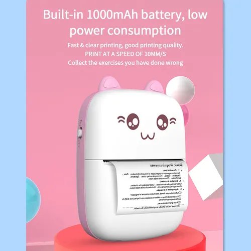 Small printer with cartoon design on a pink and blue background