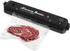 Vacuum sealer with a steak being vacuum-sealed on a white background