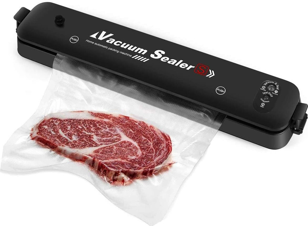 Vacuum sealer with a steak being vacuum-sealed on a white background