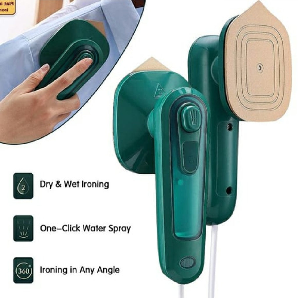 Green iron with water spray feature being used on a shirt, with text highlighting features.