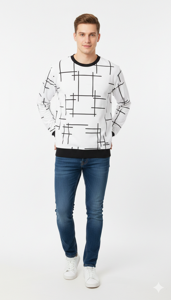 Stylish Men's White Full Sleeve Printed Sweatshirt with Modern Abstract Design