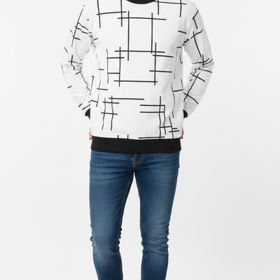 Stylish Men's White Full Sleeve Printed Sweatshirt with Modern Abstract Design