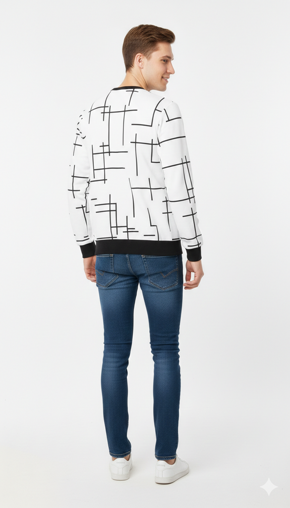 White Full Sleeve Sweatshirt for Men with Black Abstract Print