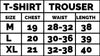 Size chart for t-shirt and trouser measurements with chest, waist, and length dimensions.