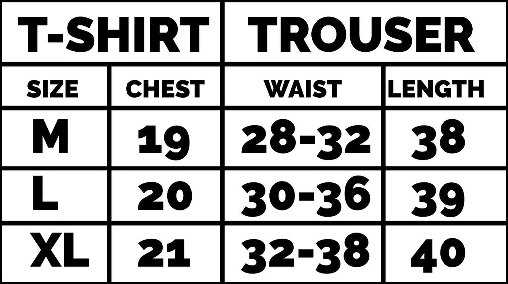 Size chart for t-shirt and trouser measurements with chest, waist, and length dimensions.
