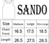 Measurement chart for a sleeveless shirt with 'SANDO' branding, showing chest front and length measurements for Medium, Large, and Xtra Large sizes.