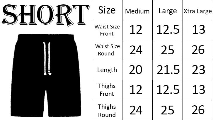 Size chart for shorts with measurements in inches.