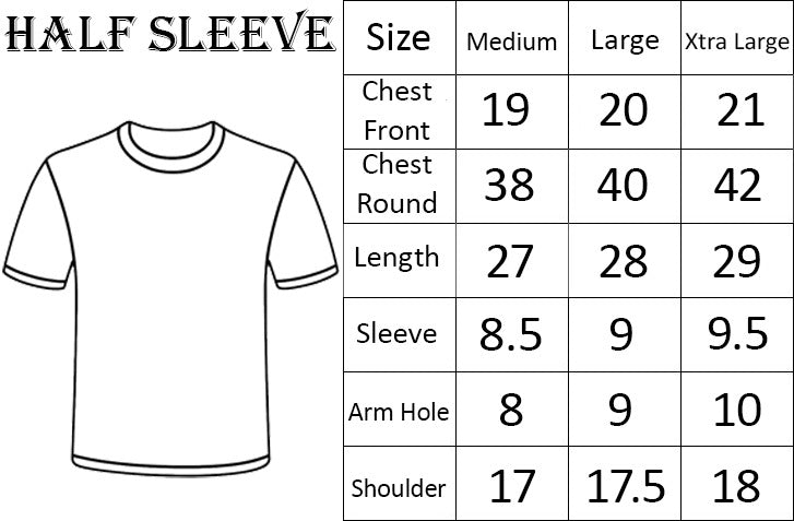 Half-sleeve shirt size chart with measurements in inches