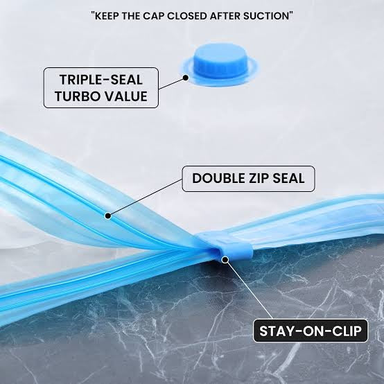 Blue inflatable water balloon with labeled features including triple-seal turbo value, double zip seal, and stay-on-clip, shown on a white and gray background.