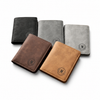 Four leather bifold wallets in black, gray, brown, and tan, arranged in a fan shape on a white background. Each wallet features a circular logo with the letter 'M' in the center.