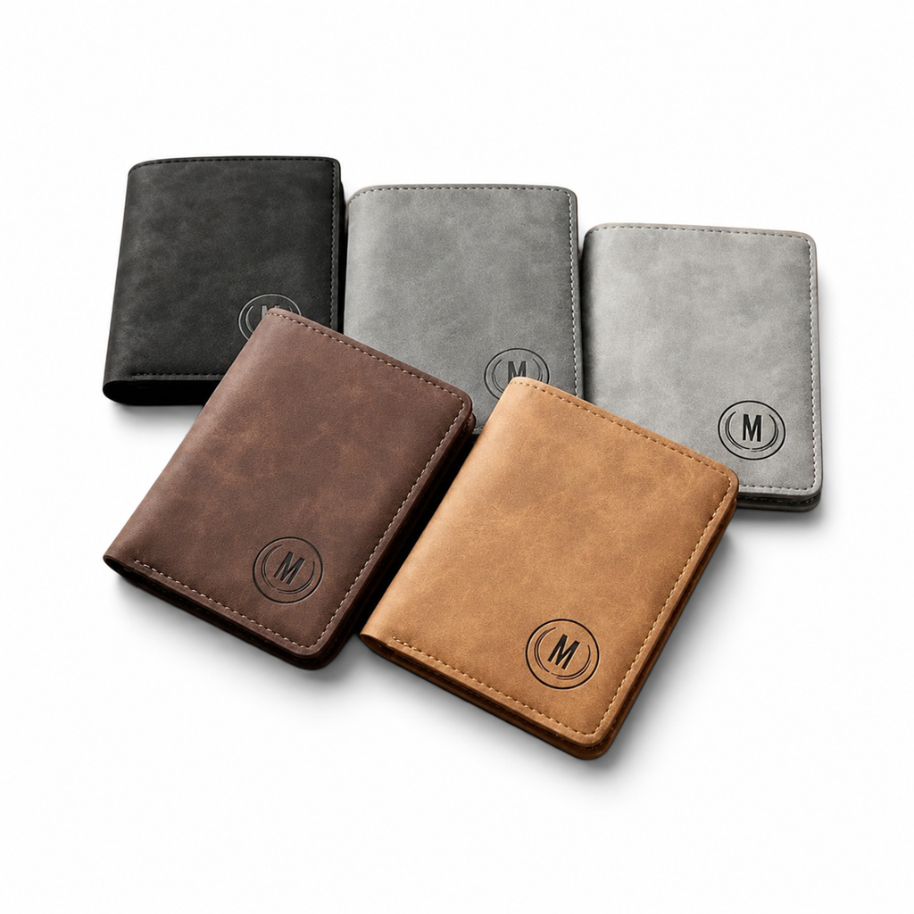 Four leather bifold wallets in black, gray, brown, and tan, arranged in a fan shape on a white background. Each wallet features a circular logo with the letter 'M' in the center.