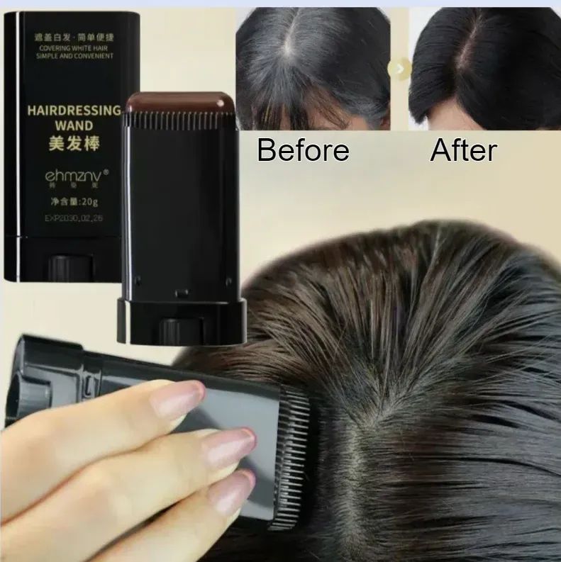 Hairdressing wand with 'ehmzy' branding, showing before and after use on hair.