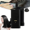 Hair straightening tool with a woman using it and another with styled hair on a white background